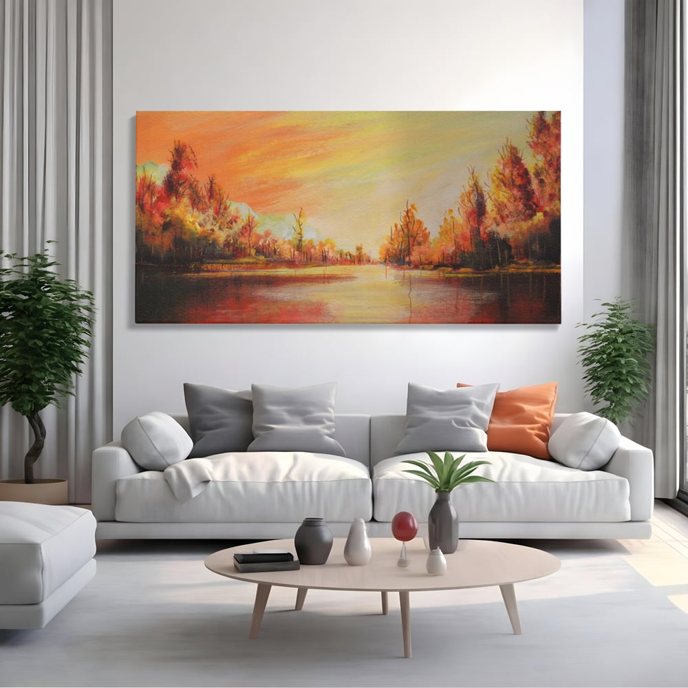 Tablou canvas cu pictura cu peisaj de toamna si lac, fara rama, pe sasiu de lemn, pe perete intr-un living